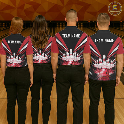 Black And Red Bowling Jersey For Men Custom Strike Lightning Bowling Team Jersey Polo & 1/4 Zip TDM6357