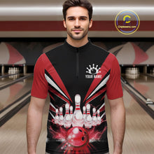 Load image into Gallery viewer, Black And Red Bowling Jersey For Men Custom Strike Lightning Bowling Team Jersey Polo &amp; 1/4 Zip TDM6357