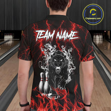 Load image into Gallery viewer, Back view of man wearing a red flaming panther bowling polo shirt inside a bowling alley.