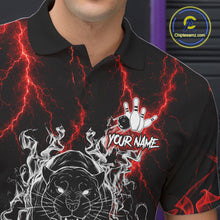 Load image into Gallery viewer, Close-up of a red flaming panther bowling polo shirt collar, buttons, and panther artwork details.