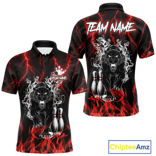 Red flaming panther bowling polo shirt for men with custom bowling team graphics.