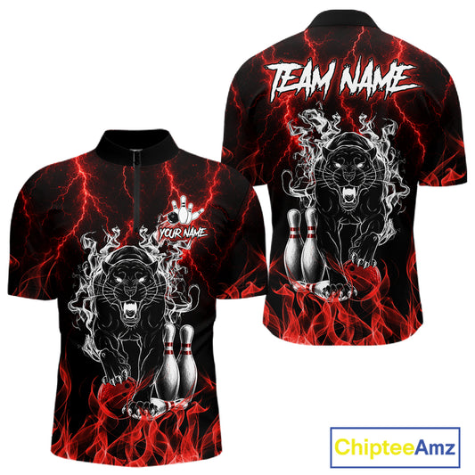 Red flaming panther bowling quarter zip shirt for men designed for league tournaments and team events.
