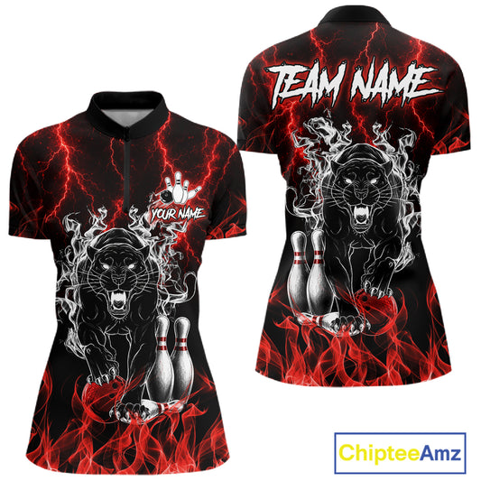 Red flaming panther bowling quarter zip shirt for women designed for league tournaments and team events.