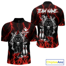 Load image into Gallery viewer, Red flaming panther bowling quarter zip shirt for men designed for league tournaments and team events.