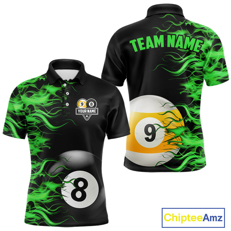 Green Flaming 8 Ball & 9 Ball Billiard Shirt For Men Custom Pool Team Jersey Polo & 1/4 Zip TDM5482