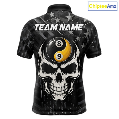Black US Flag Skull Yin And Yang Custom Billiard Shirts For Men, 8 Ball & 9 Ball Pool Team Jersey TDM6531