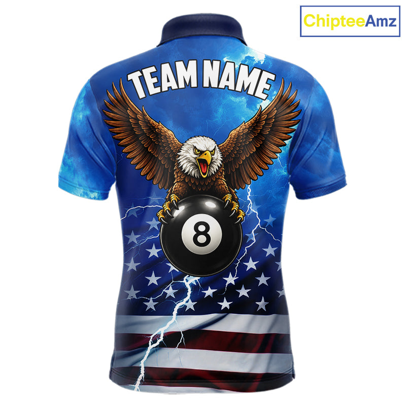 Blue Lightning American Flag Eagle Billiard Shirts For Men Custom 8 Ball Pool Jersey Polo, 1/4 Zip TDM6538