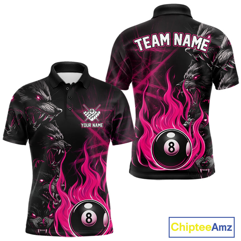 Custom Pink Wolf Flaming 8 Ball Pool Fire Polo Shirt with Personalized Billiard Team Design