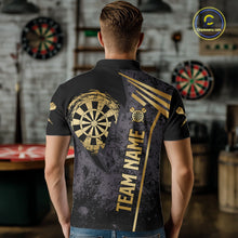Load image into Gallery viewer, Back view of man wearing a gold grunge dartboard darts shirt.
