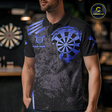 Load image into Gallery viewer, Man wearing a blue grunge dartboard darts jersey front view.