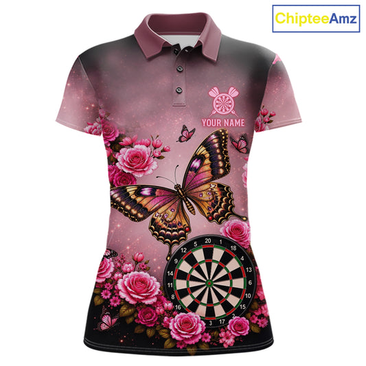 Butterfly and rose darts polo shirt for women with custom darts team graphics.