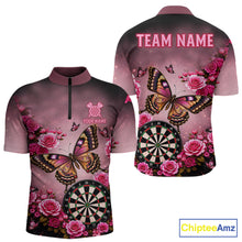 Load image into Gallery viewer, Butterfly and rose darts quarter zip shirt for men designed for league tournaments and team events.