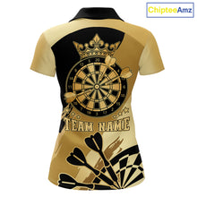 Load image into Gallery viewer, Black and gold dartboard crown darts polo shirt for women with custom darts league team graphics.