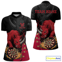 Load image into Gallery viewer, Black and red funny rhino darts quarter zip shirt for women designed for league tournaments and team events.