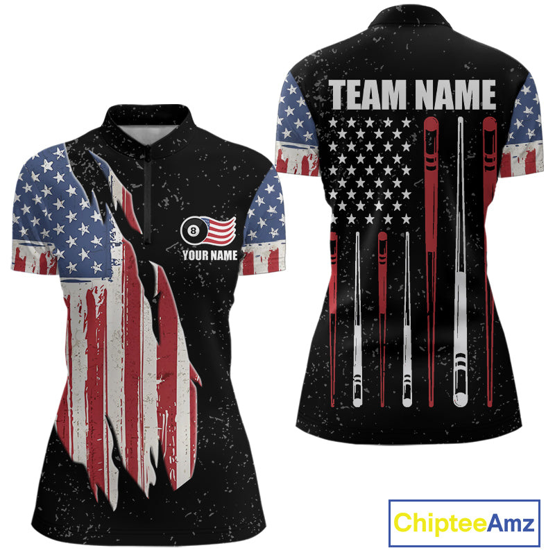 Personalized Grunge American Flag Women's Billiard Shirt Custom 8 Ball Pool Billiard Team Jersey TDM5243