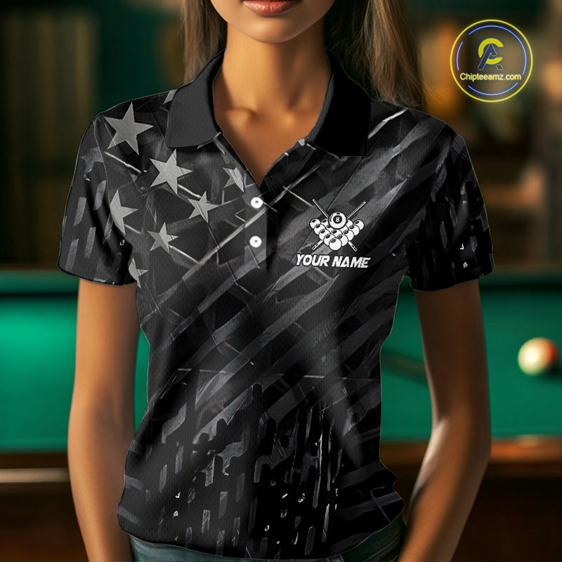 Black US Flag 8 Ball Fire Billiard Shirt For Women Custom Billiard Team Jersey Polo & 1/4 Zip TDM6122