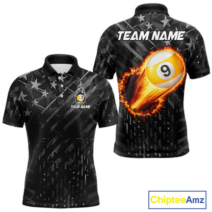 Black US Flag 9 Ball Fire Billiard Shirt For Men Custom Billiard Team Jersey Polo & 1/4 Zip TDM6123