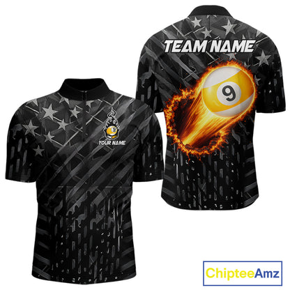 Black US Flag 9 Ball Fire Billiard Shirt For Men Custom Billiard Team Jersey Polo & 1/4 Zip TDM6123