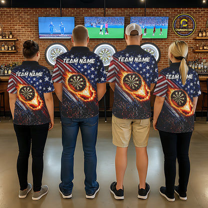 American Flag Fire Flame Darts Shirt For Men Custom Patriotic Darts Jersey Team Polo & 1/4 Zip TDM6125