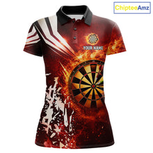 Load image into Gallery viewer, Red fire dartboard darts polo shirt for women with custom darts team graphics.