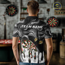 Load image into Gallery viewer, Back view of man wearing a black marble swirl darts shirt.