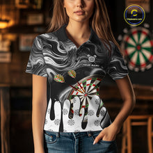Load image into Gallery viewer, Woman wearing a black marble swirl darts jersey front view.