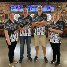 Load image into Gallery viewer, Darts team wearing matching black marble swirl darts jerseys during league competition front view.