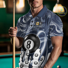 Load image into Gallery viewer, Man wearing a blue marble swirl 8 ball and 9 ball billiard jersey beside a pool table front view.