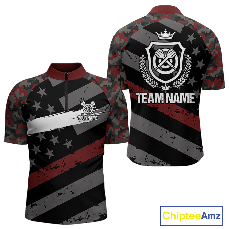 Red Camo American Flag Darts Jersey For Men Custom Grunge Darts Shirt Team Polo & Quarter Zip TDM5032