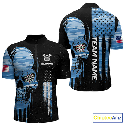 Blue Camo Skull American Flag Dart Shirt For Men Custom Patriotic Dart Jersey Team Polo & 1/4 Zip TDM5772