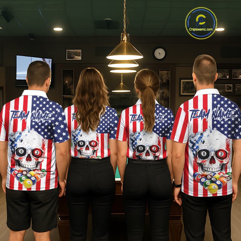 American Flag Grunge Skull Billiard Shirt For Women Custom Patriotic Pool Team Jersey Polo & 1/4 Zip TDM6132