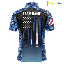 Load image into Gallery viewer, Custom Blue Camo US Flag 8 Ball Pool Shirt For Men, Billiard Team Jersey Polo &amp; 1/4 Zip TDM6139