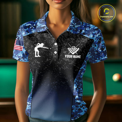 Custom Blue Camo US Flag 8 Ball Pool Shirt For Women, Billiard Team Jersey Polo & 1/4 Zip TDM6139