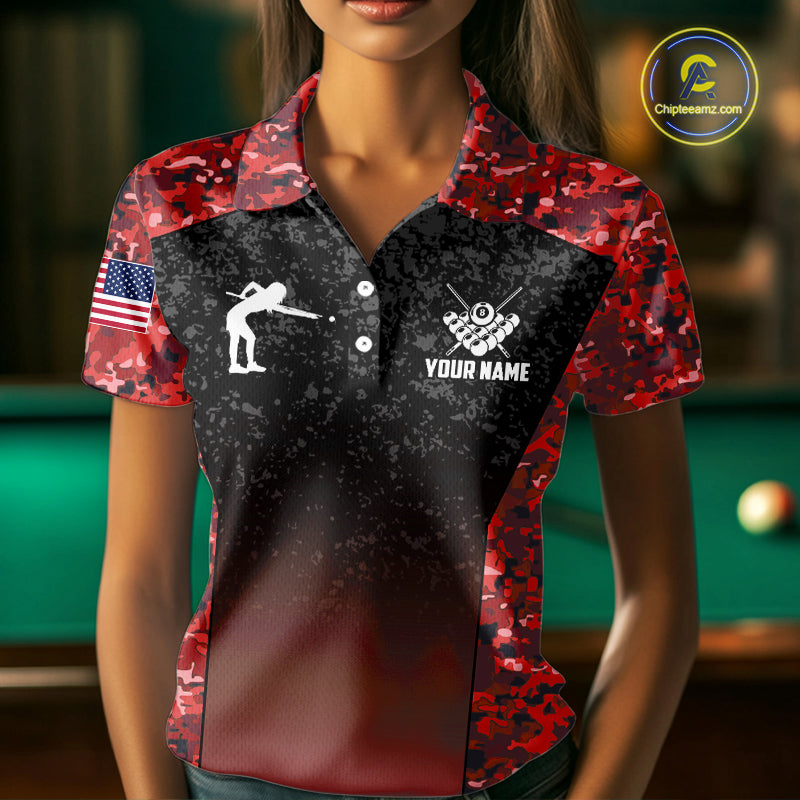 Custom Red Camo US Flag 8 Ball Pool Shirt For Women, Billiard Team Jersey Polo & 1/4 Zip TDM6140