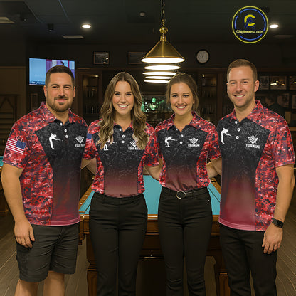 Custom Red Camo US Flag 8 Ball Pool Shirt For Men, Billiard Team Jersey Polo & 1/4 Zip TDM6140