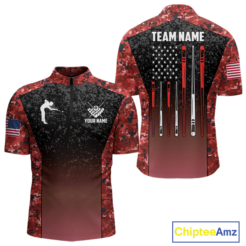 Custom Red Camo US Flag 8 Ball Pool Shirt For Men, Billiard Team Jersey Polo & 1/4 Zip TDM6140