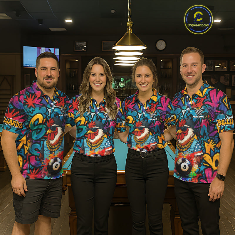Funny Rooster Colorful Graffiti 8 Ball Billiard Shirt For Women Custom Pool Jersey Polo & 1/4 Zip TDM6368