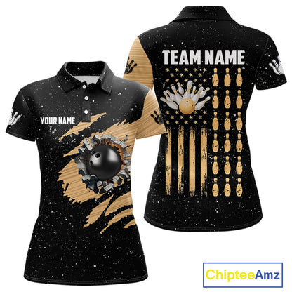 Custom Grunge American Flag Bowling Shirt For Women, Patriotic Bowling Team Jersey Polo & 1/4 Zip TDM4631