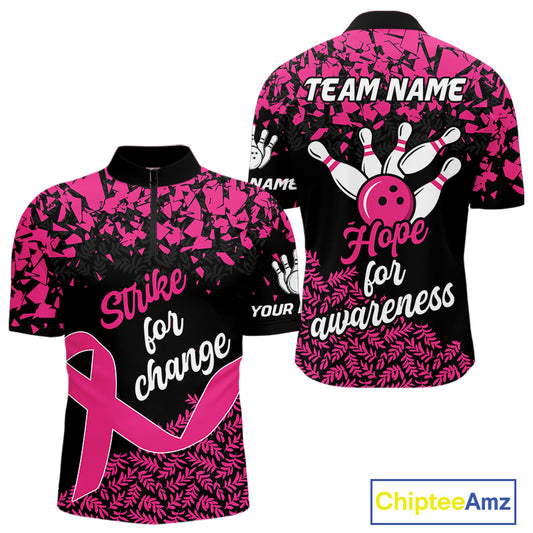 Strike For Change Hope For Awareness Custom Bowling Shirt For Men, Breast Cancer Bowling Jerseys TDM4634