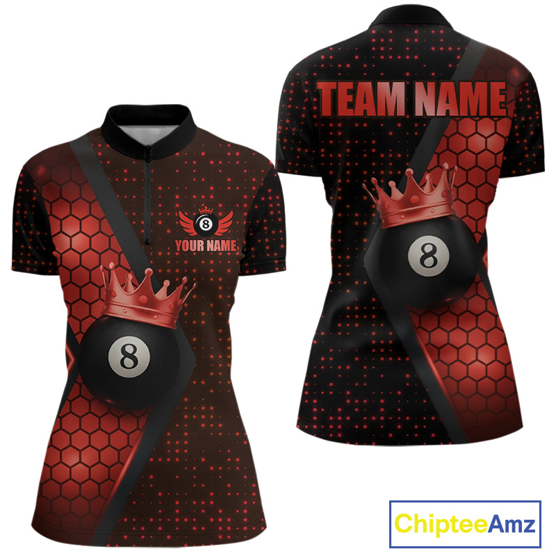 Personalized Red 8 Ball Pool Crown Hexagon Billiard Shirt For Women, Billiard League Team Jersey TDM5047