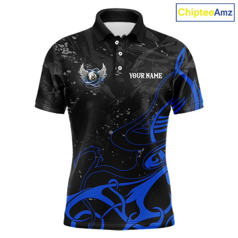 Black And Blue 8 Ball Wings Billiard Shirt For Men Custom Tribal Pool Jersey Team Polo & 1/4 Zip TDM5775
