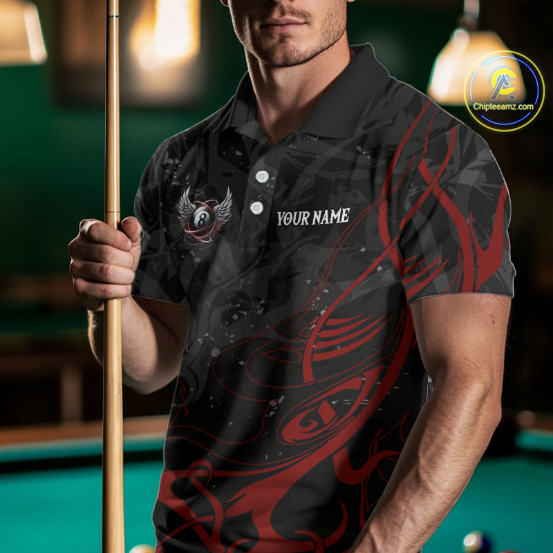 Black And Red 8 Ball Wings Billiard Shirt For Men Custom Tribal Pool Jersey Team Polo & 1/4 Zip TDM5776