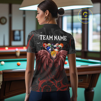 Black And Red 8 Ball Wings Billiard Shirt For Women Custom Tribal Pool Jersey Team Polo & 1/4 Zip TDM5776
