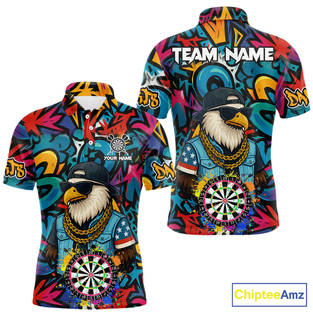 Funny Eagle Colorful Graffiti Darts Shirt For Men Custom Darts Jersey Team Polo & 1/4 Zip TDM5783