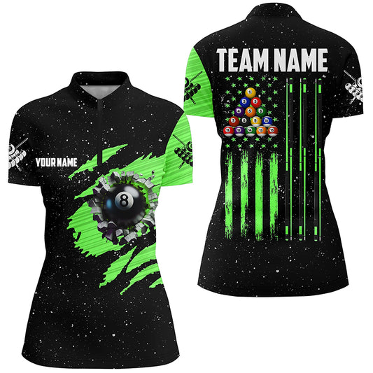 Customized Grunge American Flag 8 Ball Pool Women Quarter-Zip Shirt Pool Player Shirt |Green TDM1116