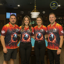 Load image into Gallery viewer, Pool team wearing matching red 8 ball fire flame billiard jerseys during tournament competition front view.