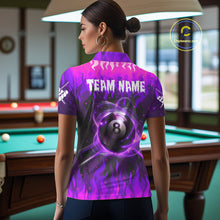 Load image into Gallery viewer, Back view of woman wearing a purple 8 ball fire flame pool shirt in a billiards hall.