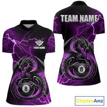 Load image into Gallery viewer, Purple thunder lightning dragon 8 ball billiard polo shirt for women with custom pool team graphics.