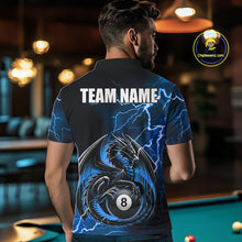 Load image into Gallery viewer, Back view of man wearing a blue thunder lightning dragon 8 ball and 9 ball pool shirt in a billiards hall.