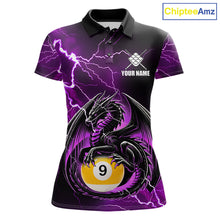 Load image into Gallery viewer, Purple thunder lightning dragon 9 ball billiard polo shirt for women with custom pool team graphics.